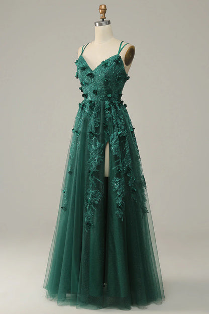 Dark Green A Line Tulle Prom Dress With Slit