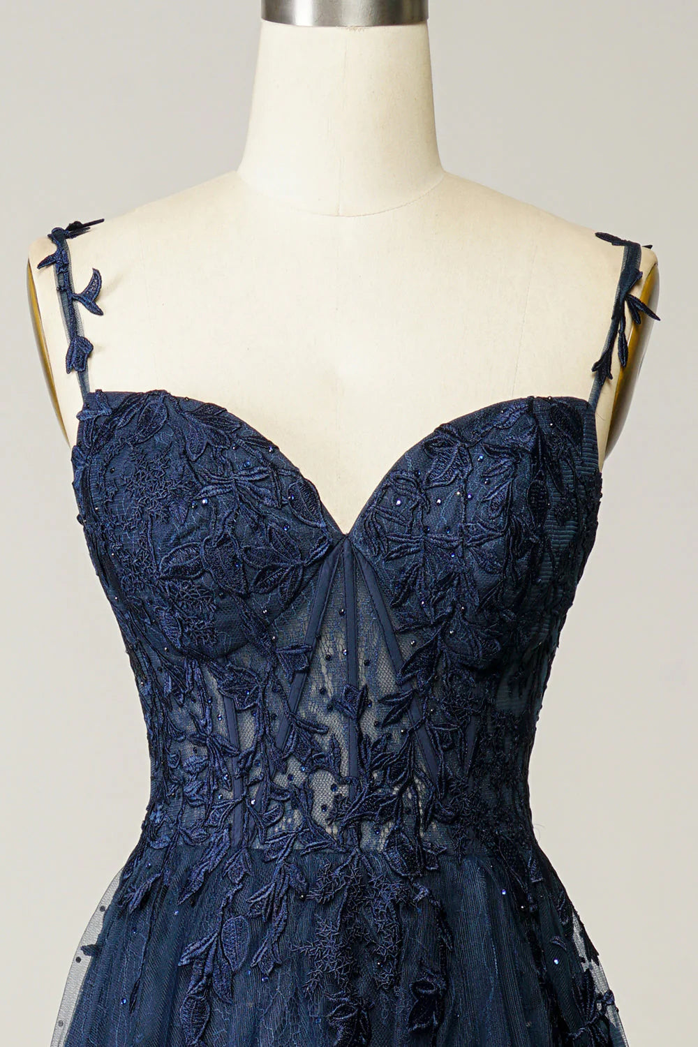 A Line Spaghetti Straps Navy Prom Dress With Appliques