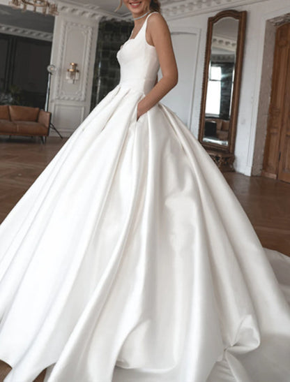 Royal Style Formal Wedding Dresses Ball Gown Square Neck Sleeveless Chapel Train Satin Bridal Gowns With Solid Color