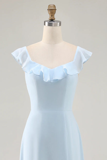 Sky Blue Chiffon Tiered Asymmetrical Bridesmaid Dress with Ruffles