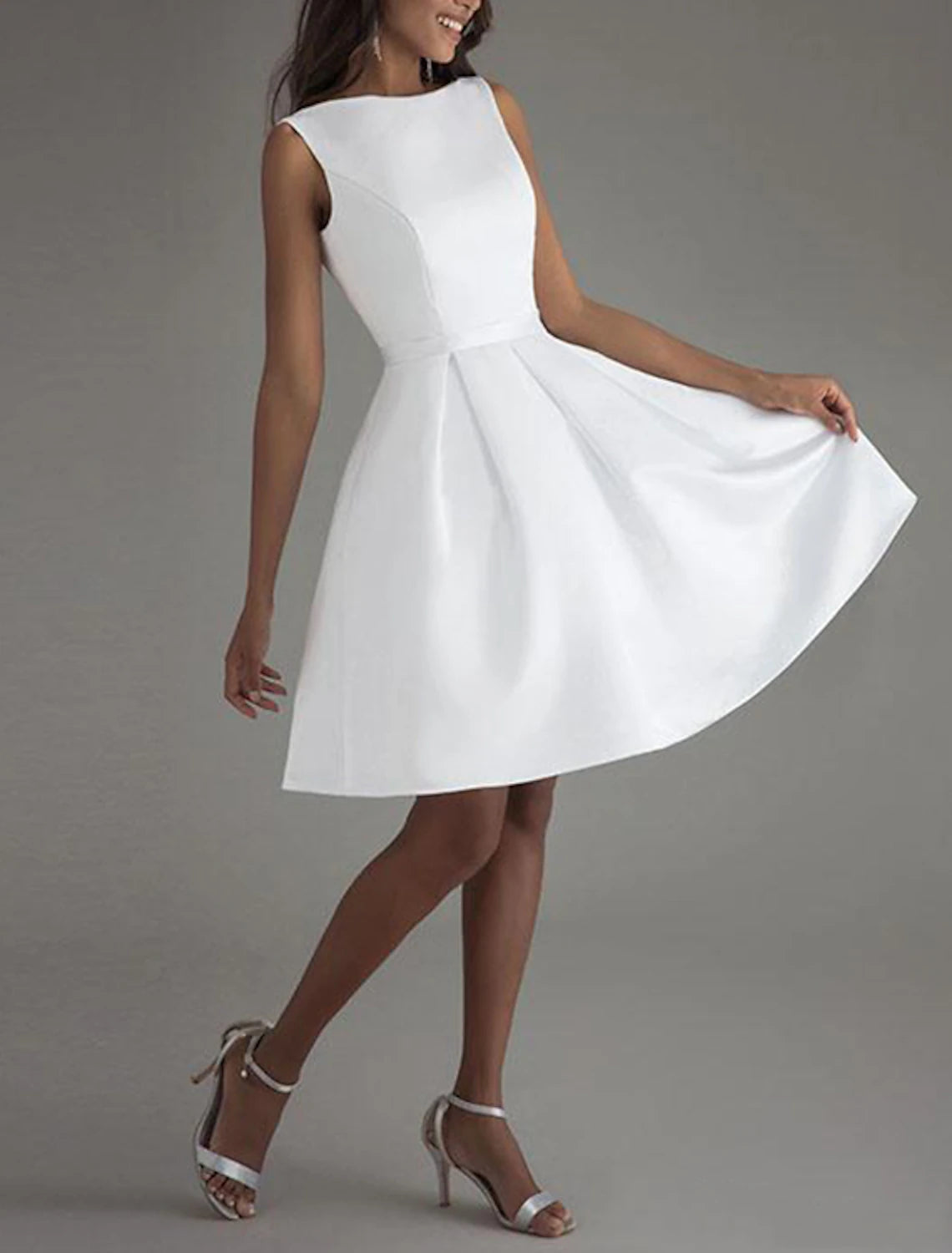 A-Line Cocktail Dresses Minimalist Dress Valentine's Day Wedding Guest Knee Length Sleeveless Boat Neck Satin V Back with Sleek Bow(s) Pure Color