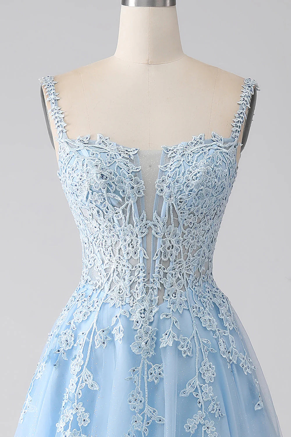 A-Line Light Blue Corset Prom Dress With Appliques