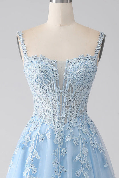 A-Line Light Blue Corset Prom Dress With Appliques