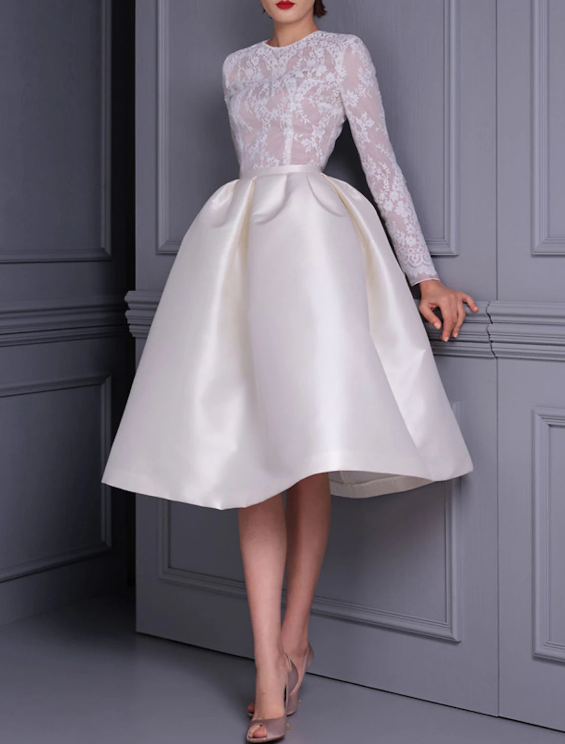 A-Line Cocktail Dresses Elegant Dress Wedding Party Birthday Knee Length Long Sleeve Jewel Neck Fall Wedding Guest Satin with Appliques Splicing dress