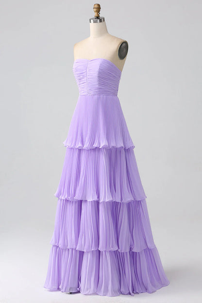 A-Line Sweetheart Lilac Tiered Chiffon Long Bridesmaid Dress With Pleated