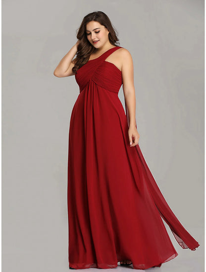 A-Line Evening Gown Empire Dress Wedding Guest Formal Evening Floor Length Sleeveless One Shoulder Bridesmaid Dress Chiffon Backless with Pleats Draping