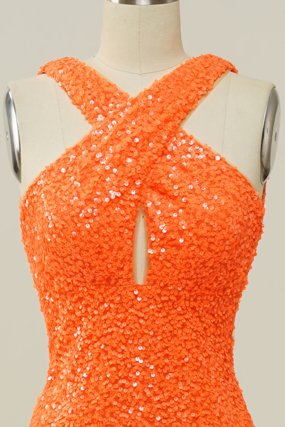 Sequins Orange Cross Neck Prom Dress