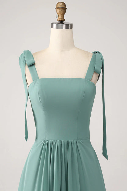 A Line Chiffon Green Long Bridesmaid Dress With Pleated