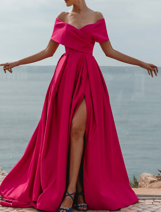 A-Line Evening Dress Wedding Guest Party Dress Celebrity Style Dress Formal Wedding Court Train Sleeveless Off Shoulder Bridesmaid Dress Satin with Ruched Slit dress