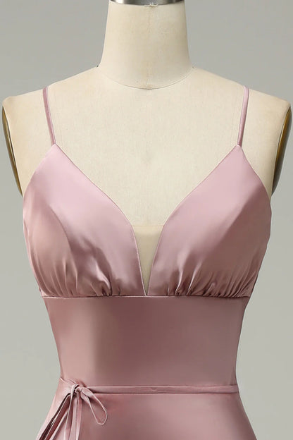 Spaghetti Straps Satin Grey Pink Prom Dress