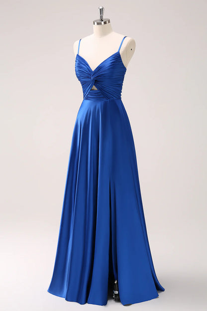 Satin Ink Blue Spaghetti Straps Long Bridesmaid Dress with Slit