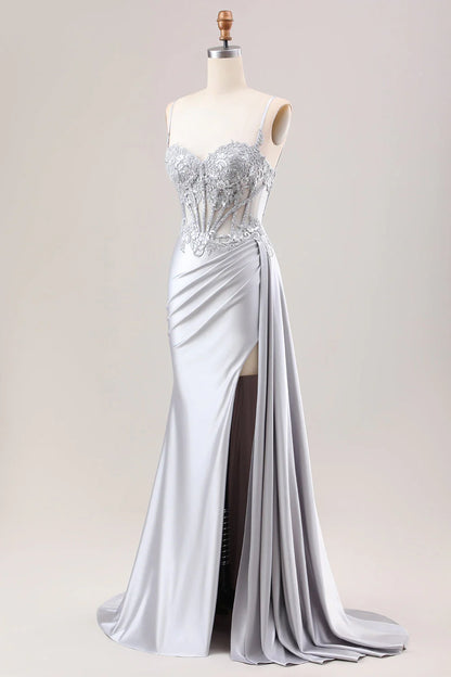 Silver Mermaid Pleated Sheer Long Corset Satin Prom Dress With Slit