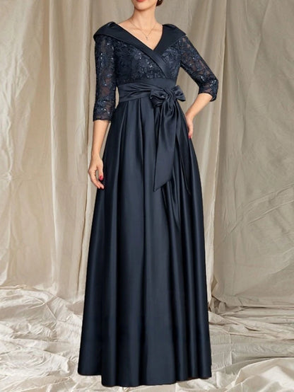 A-Line Mother of the Bride Dress Wedding Guest Elegant V Neck Floor Length Satin Lace 3/4 Length Sleeve with Lace Bow(s) Pleats