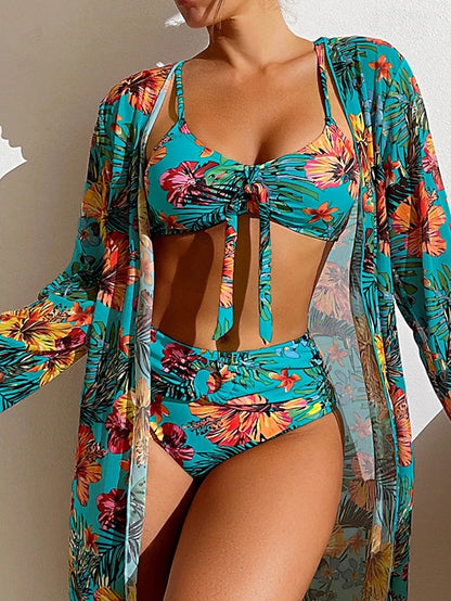 Women's Swimwear Bikini Swimsuit Vacation Floral Long Sleeve Bathing Suits