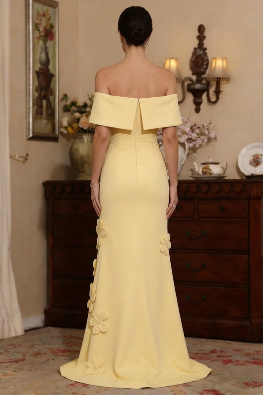 Yellow Off-the-Shoulder Floral Applique Mermaid Evening Gown - Elegant Mother of the Bride Dress