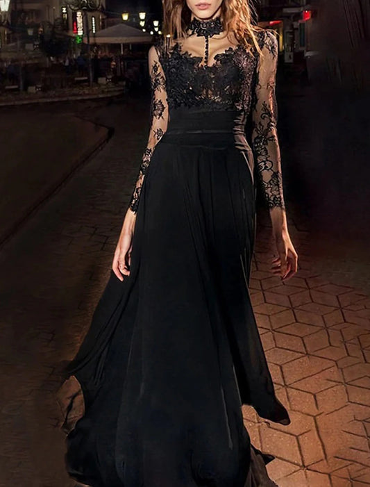 A-Line Evening Gown Vintage Dress Masquerade Floor Length Long Sleeve High Neck Black Dress Chiffon with Appliques dress