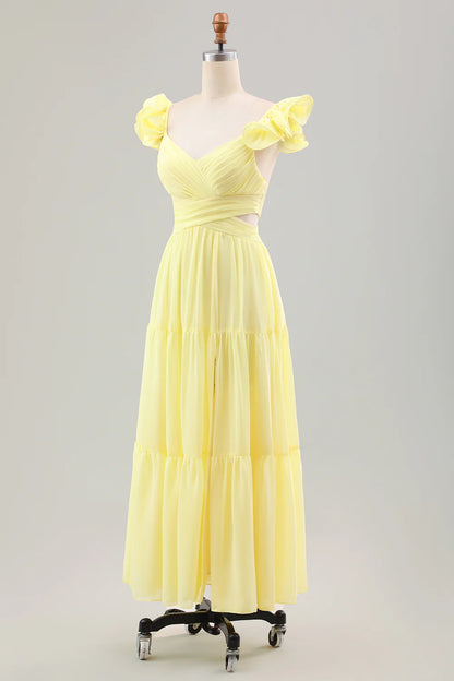 Simple Lemon Yellow A Line Pleated Ruffled Wedding Guest Dress