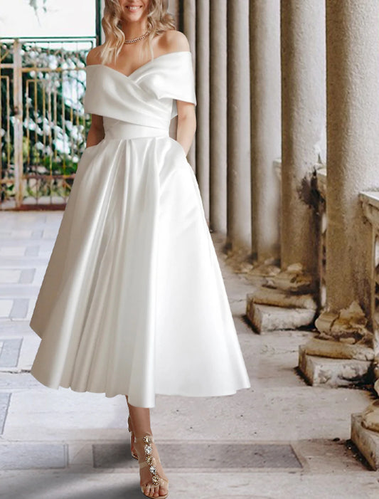 Reception Little White Dresses Wedding Dresses A-Line Off Shoulder Cap Sleeve Tea Length Satin Bridal Gowns With Pleats Ruched