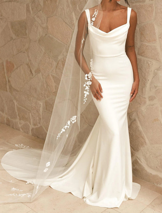 Engagement Wedding Dresses Sheath / Column Camisole Spaghetti Strap Court Train Satin Bridal Gowns With Beading Solid Color