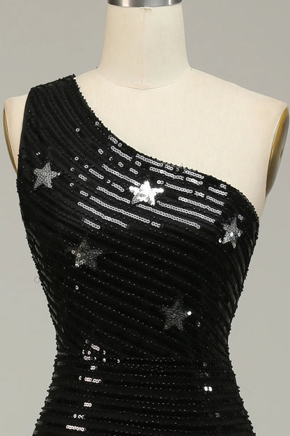 Mermaid One Shoulder Black Sequins Long Prom Dress With Star