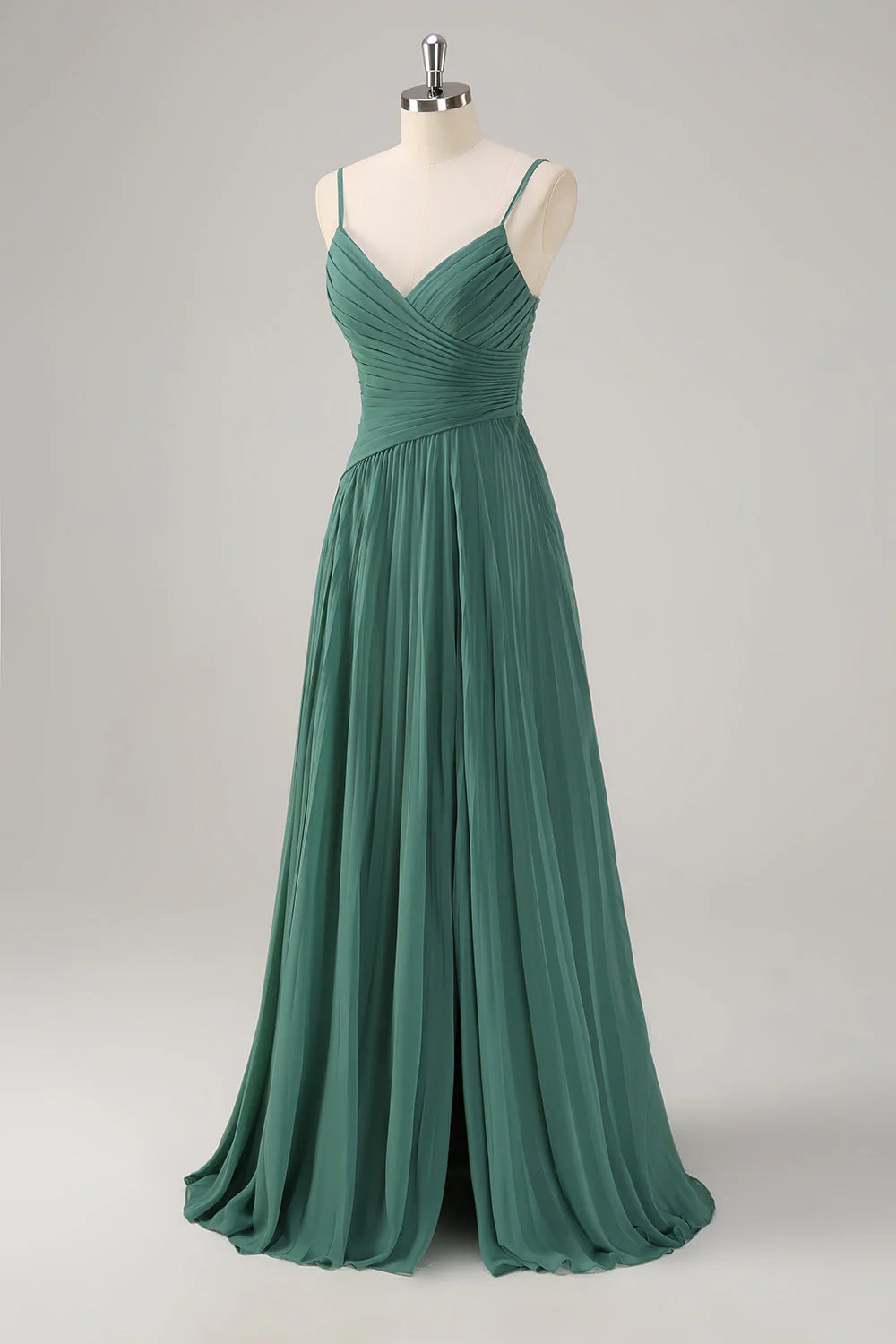 Eucalyptus A-Line Spaghetti Straps Pleated Chiffon Bridesmaid Dress With Slit