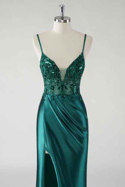 Sparkly Spaghetti Straps Dark Green Floral Satin Prom Dress with Slit