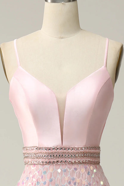 Pink Sequin Spaghetti Straps Prom Dress With Criss Cross Back