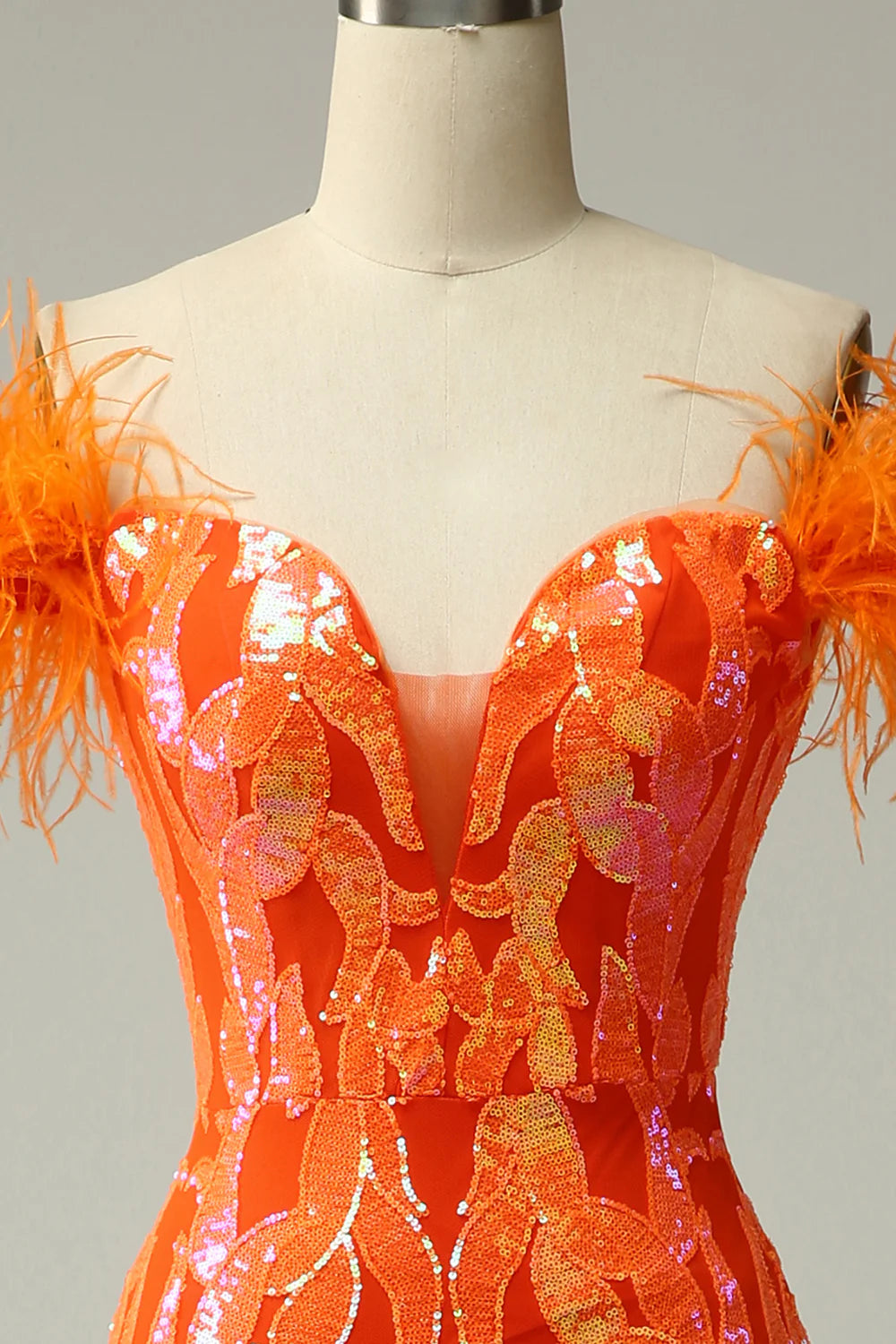 Orange Sequins Off The Shoulder Mermaid Long Prom Dress With Feathers