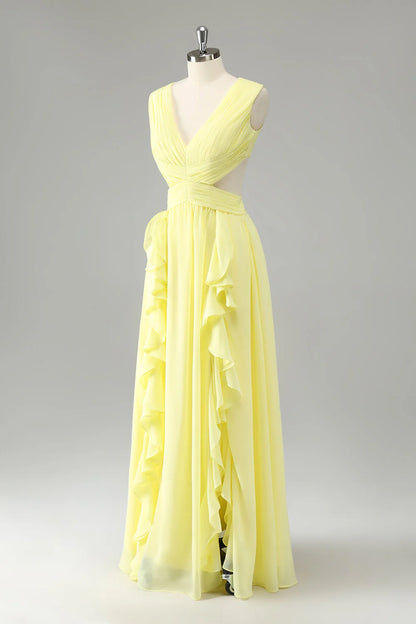 Lemon Yellow A Line Cut Out Long Bridesmaid Dress With Ruffles