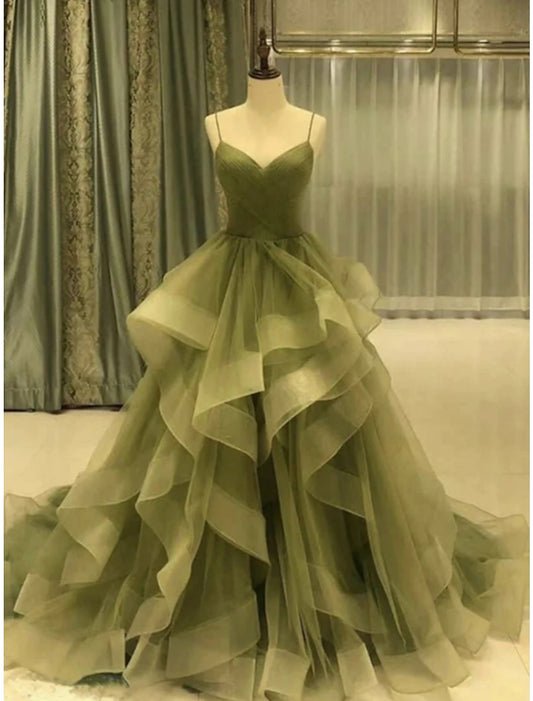 A-Line Prom Dresses Elegant Dress Formal Court Train Sleeveless Spaghetti Strap Tulle with Pleats Ruffles Masquerade Dress