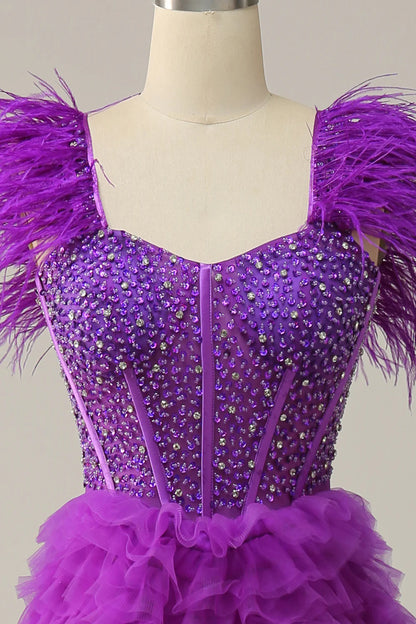 Sparkly Purple Beaded Tiered Long Prom Dress With Ruffles