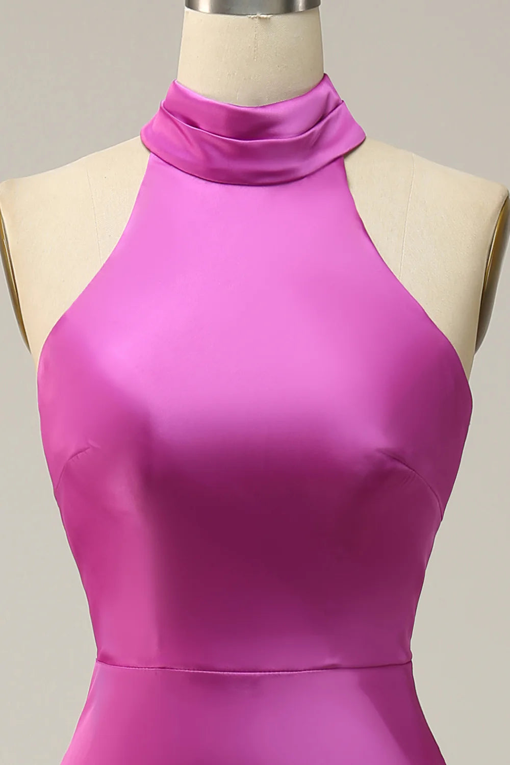 Fuchsia Halter Neck Open Back Midi Prom Dress