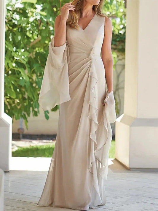 Mother of the Bride Dresses Sheath/Column Chiffon Ruched V-neck Sleeveless Floor-Length