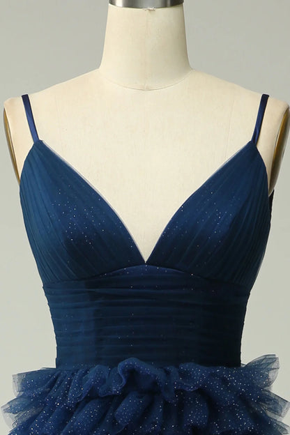 A Line Spaghetti Straps Navy Tiered Prom Dress