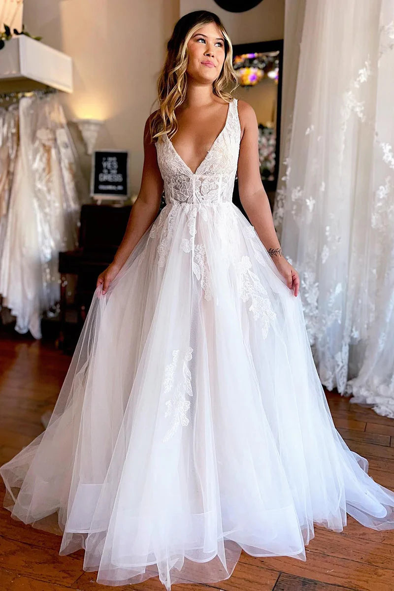 Ivory A-Line Deep V-Neck Backless Long Wedding Dress with Lace