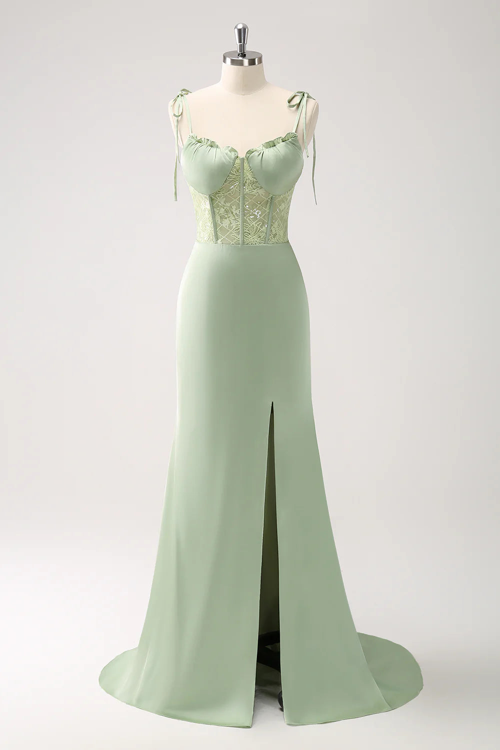 Green Sheath Corset Lace Long Bridesmaid Dress With Slit