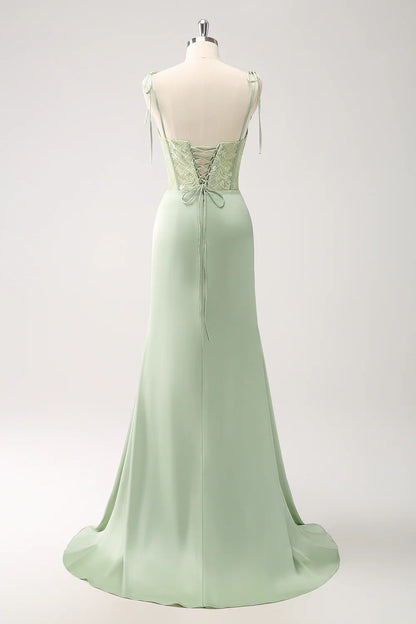 Green Sheath Corset Lace Long Bridesmaid Dress With Slit