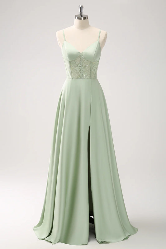 Green Corset Satin Lace Long Bridesmaid Dress With Slit