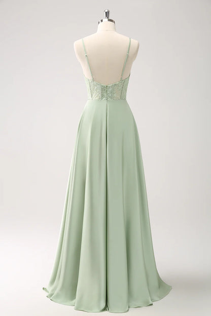 Green Corset Satin Lace Long Bridesmaid Dress With Slit