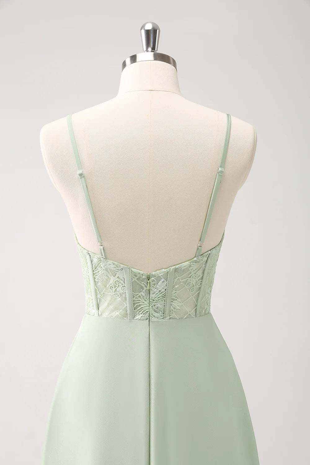 Green Corset Satin Lace Long Bridesmaid Dress With Slit