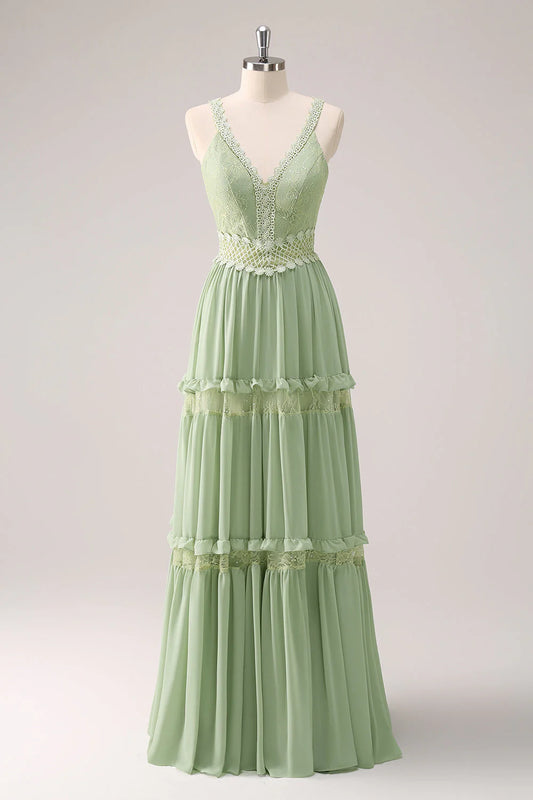 Green Ruffled Floral Bridesmaid Dress With Lace