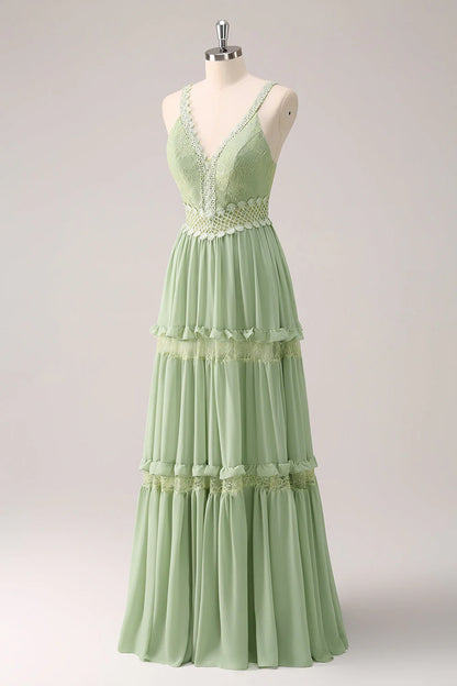 Green Ruffled Floral Bridesmaid Dress With Lace