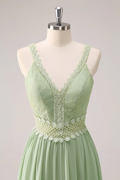 Green Ruffled Floral Bridesmaid Dress With Lace