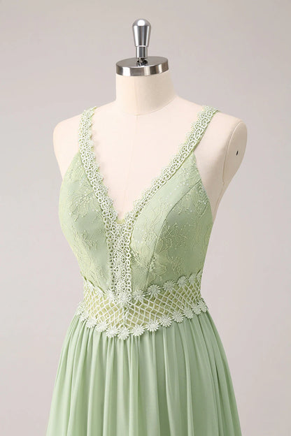 Green Ruffled Floral Bridesmaid Dress With Lace