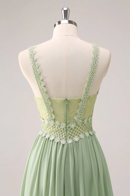 Green Ruffled Floral Bridesmaid Dress With Lace