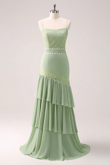 Green Floral Rufffled Chiffon Bridesmaid Dress With Lace