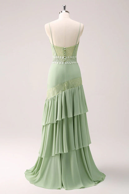 Green Floral Rufffled Chiffon Bridesmaid Dress With Lace