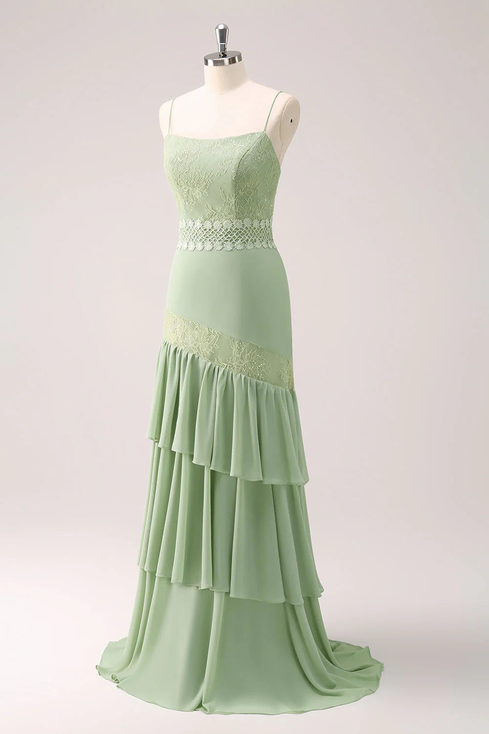 Green Floral Rufffled Chiffon Bridesmaid Dress With Lace