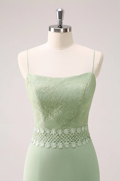 Green Floral Rufffled Chiffon Bridesmaid Dress With Lace