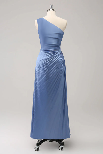 Blue One Shoulder Satin Keyhole Long Bridsmaid Dress